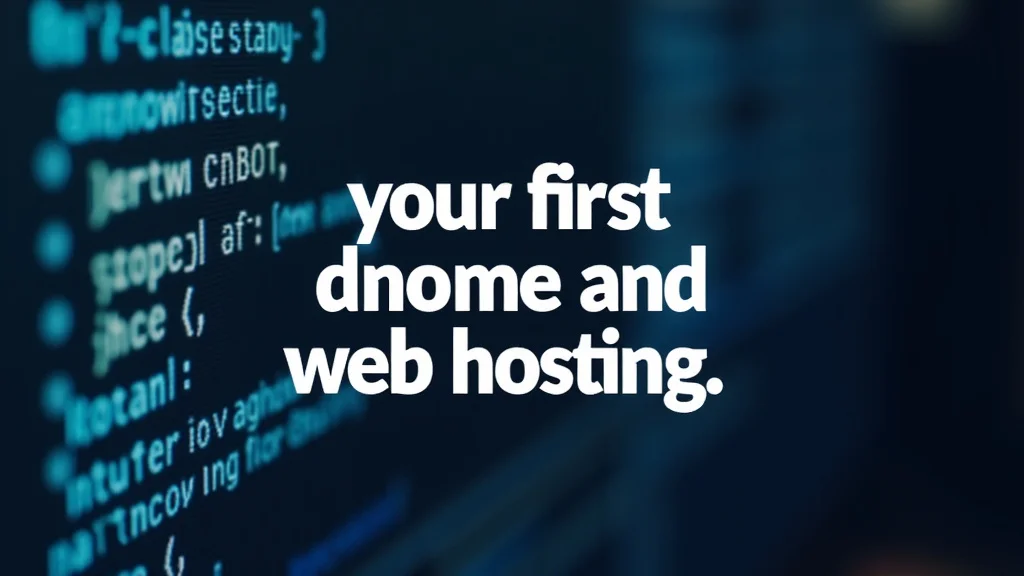 The image shows a desktop computer displaying a website registration page, illustrating your first domain name and web hosting guide.